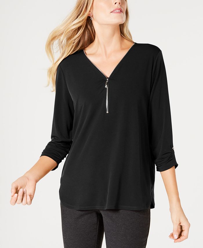 JM Collection Women's Zipper Trim Top Black Size Petite