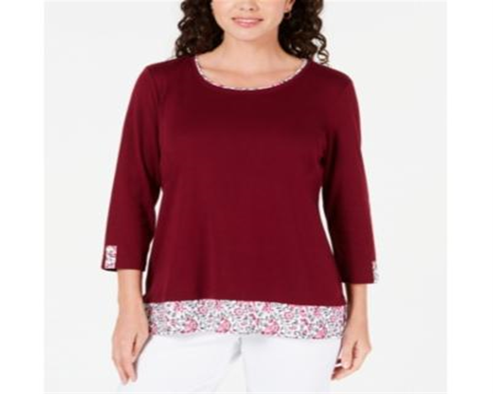 Karen Scott Women's Printed Trim Top Red Size Petite