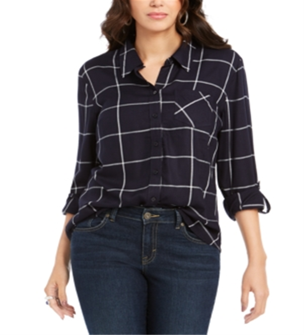 Style & Co Women's Cotton Tab Sleeve Plaid Shirt Blue Size Petite XL
