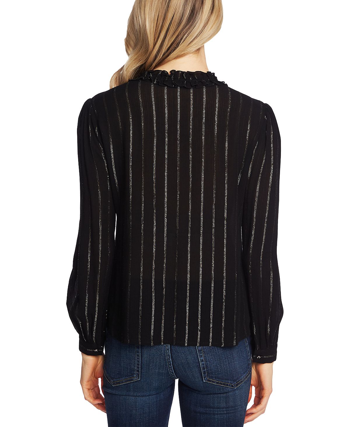 CeCe Women's  Striped Tie-Neck Top  Rich Black  Size Large