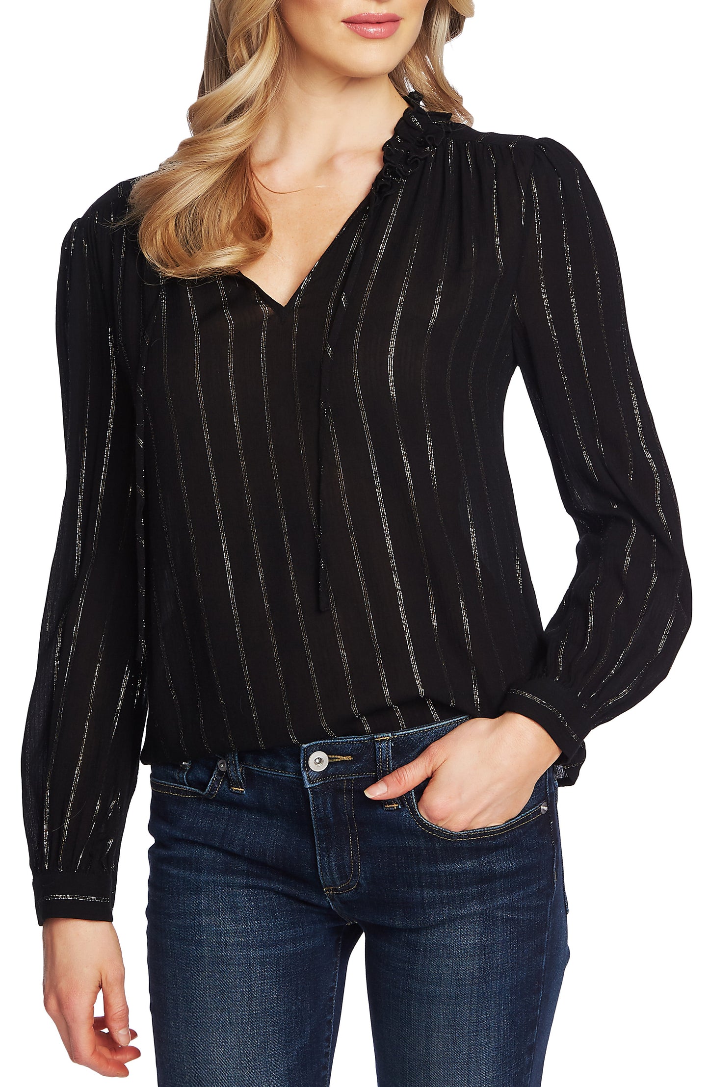 CeCe Women's  Striped Tie-Neck Top  Rich Black  Size Large
