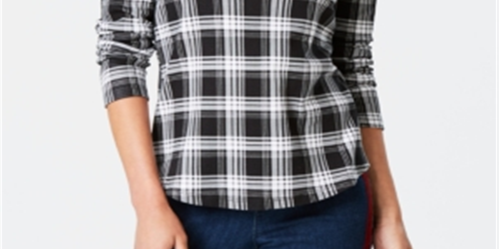 Charter Club Women's Cotton Plaid Top  Black Size Large