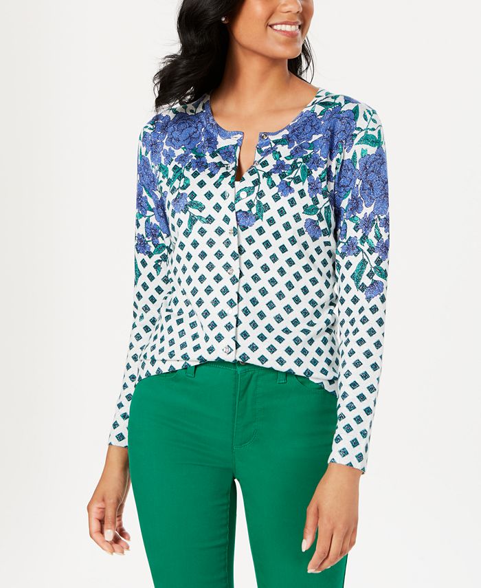 Charter Club Women's Floral Print Sparkle Cardigan Green Size XS