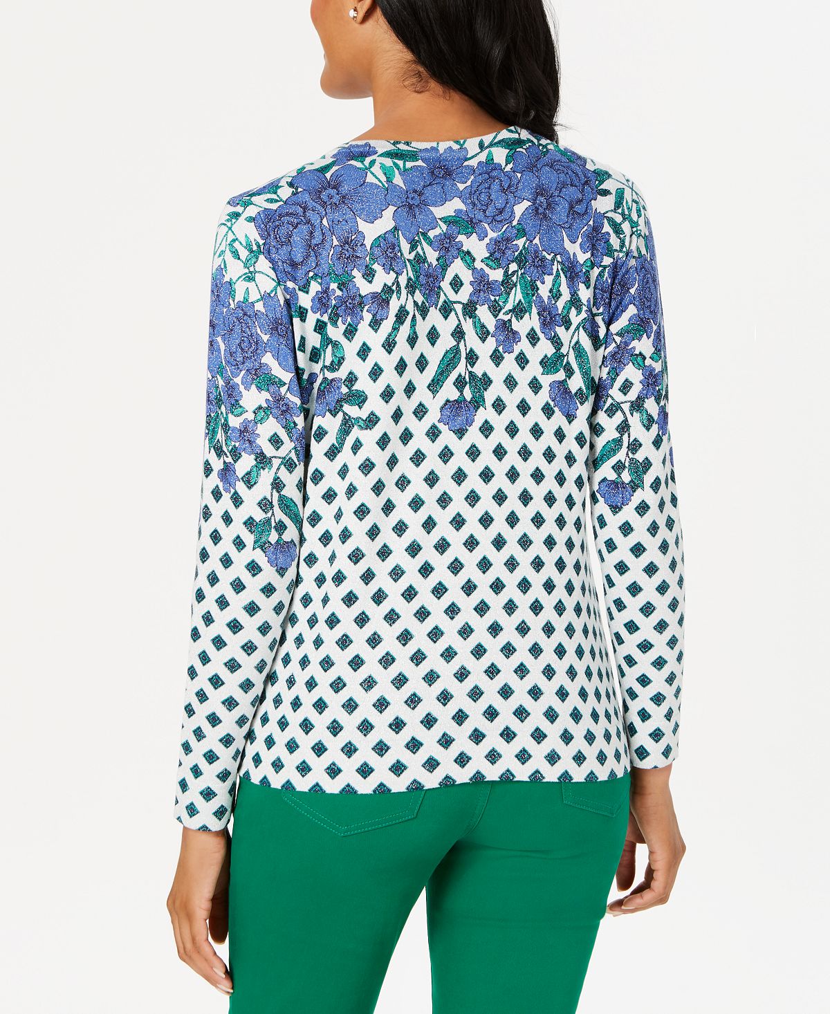 Charter Club Women's Floral Print Sparkle Cardigan Green Size XS