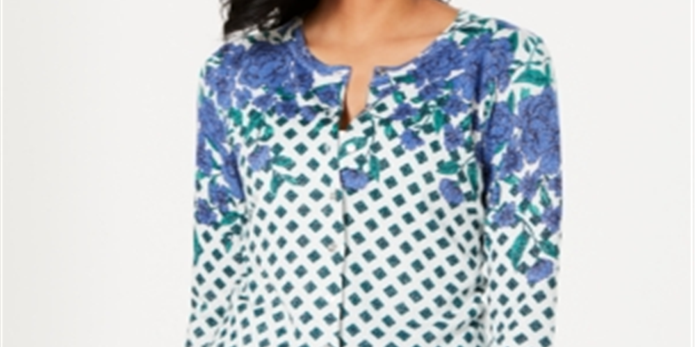 Charter Club Women's Floral Print Sparkle Cardigan Green Size XS