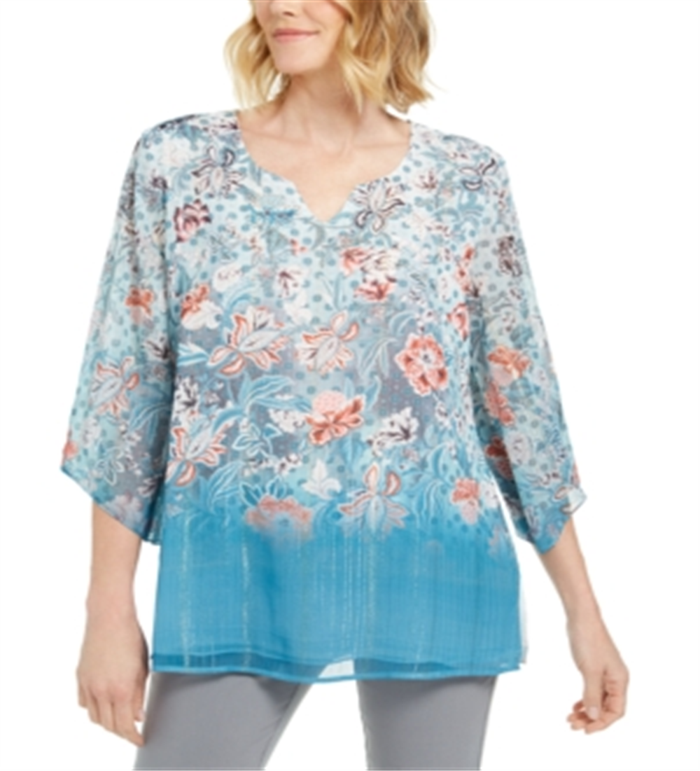 JM Collection Women's Split Neck Chiffon Tunic -Blue Size Small