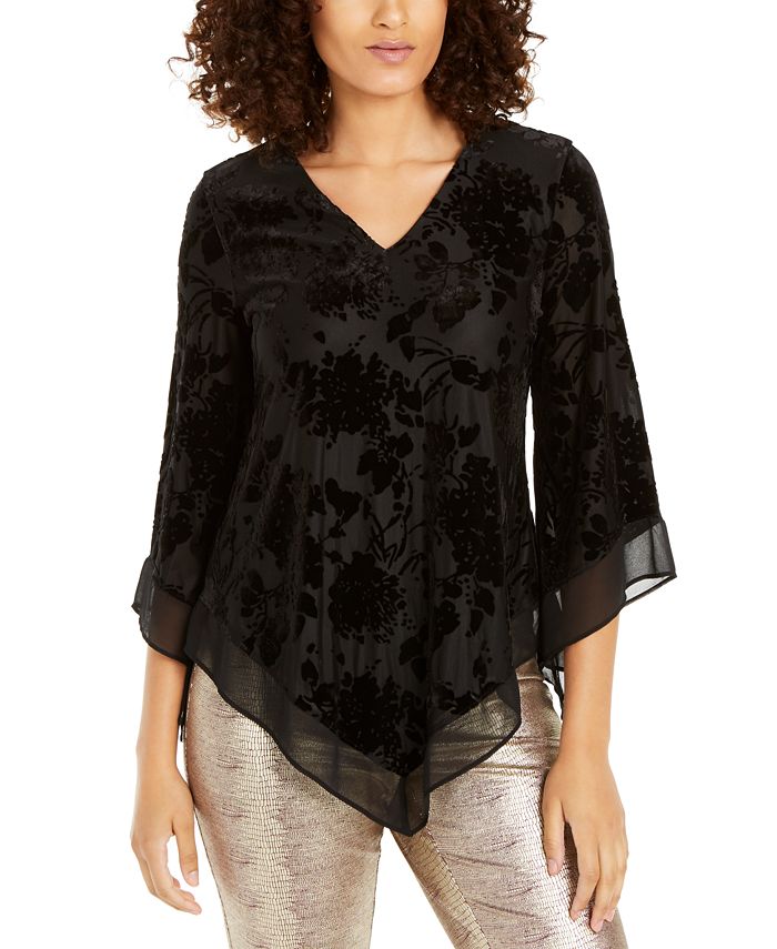 Alfani Women's Velvet Burnout Bell Sleeve Asymmetric Top Black Size XX-Large
