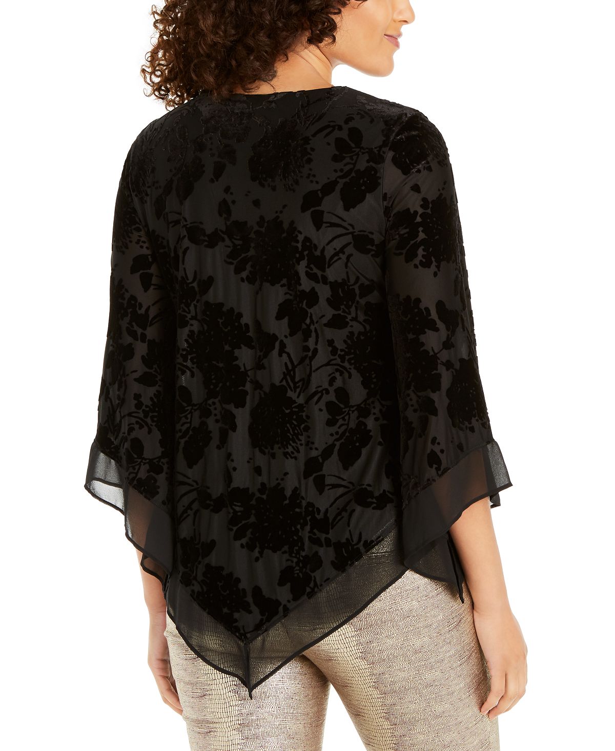 Alfani Women's Velvet Burnout Bell Sleeve Asymmetric Top Black Size XX-Large