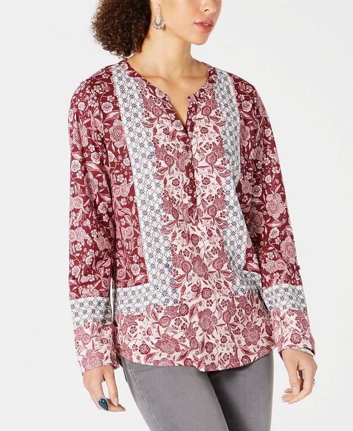 Style & Co Petite Mixed-Print Shirt  Red Size PL