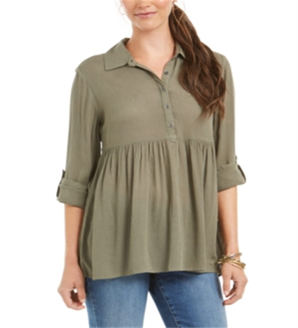 Style & Co Women's Roll Sleeve Oversized Shirt Green Size S