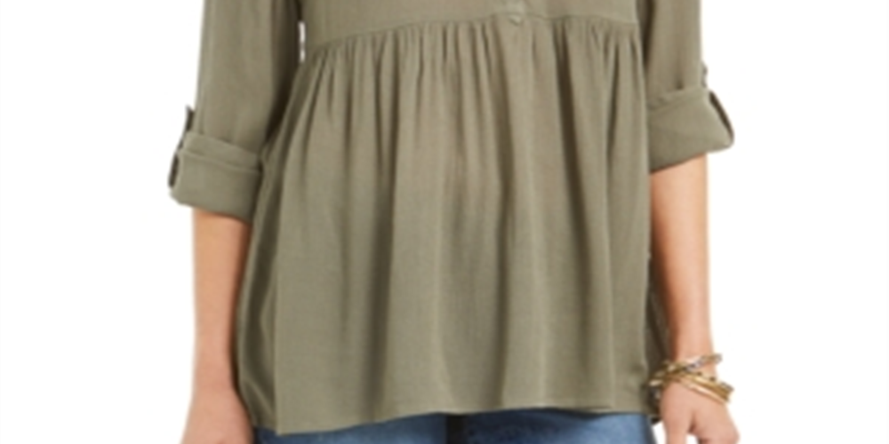 Style & Co Women's Roll Sleeve Oversized Shirt Green Size S