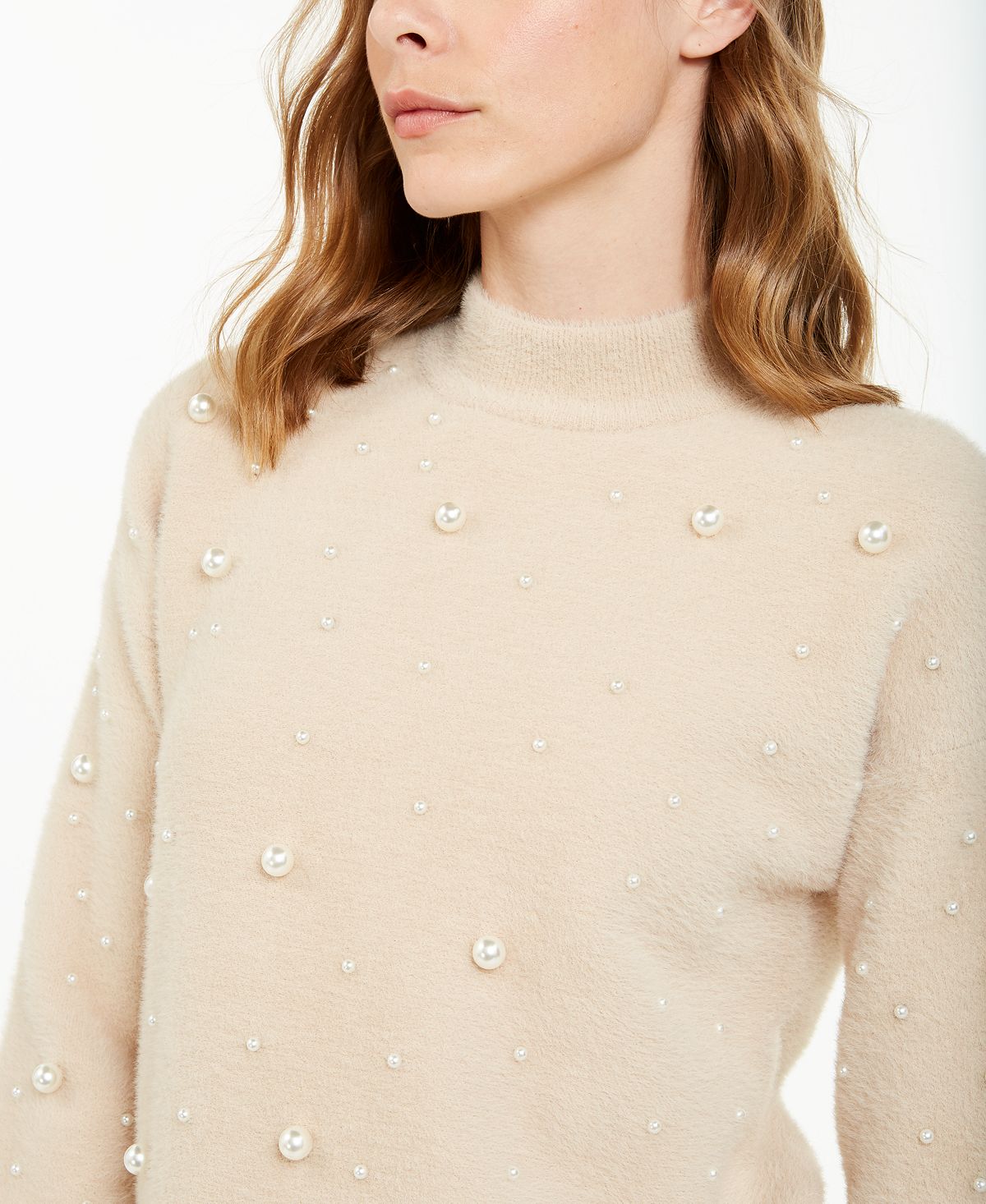Alfani Women's Scattered Faux Pearl Sweater Brown Size Petite Small
