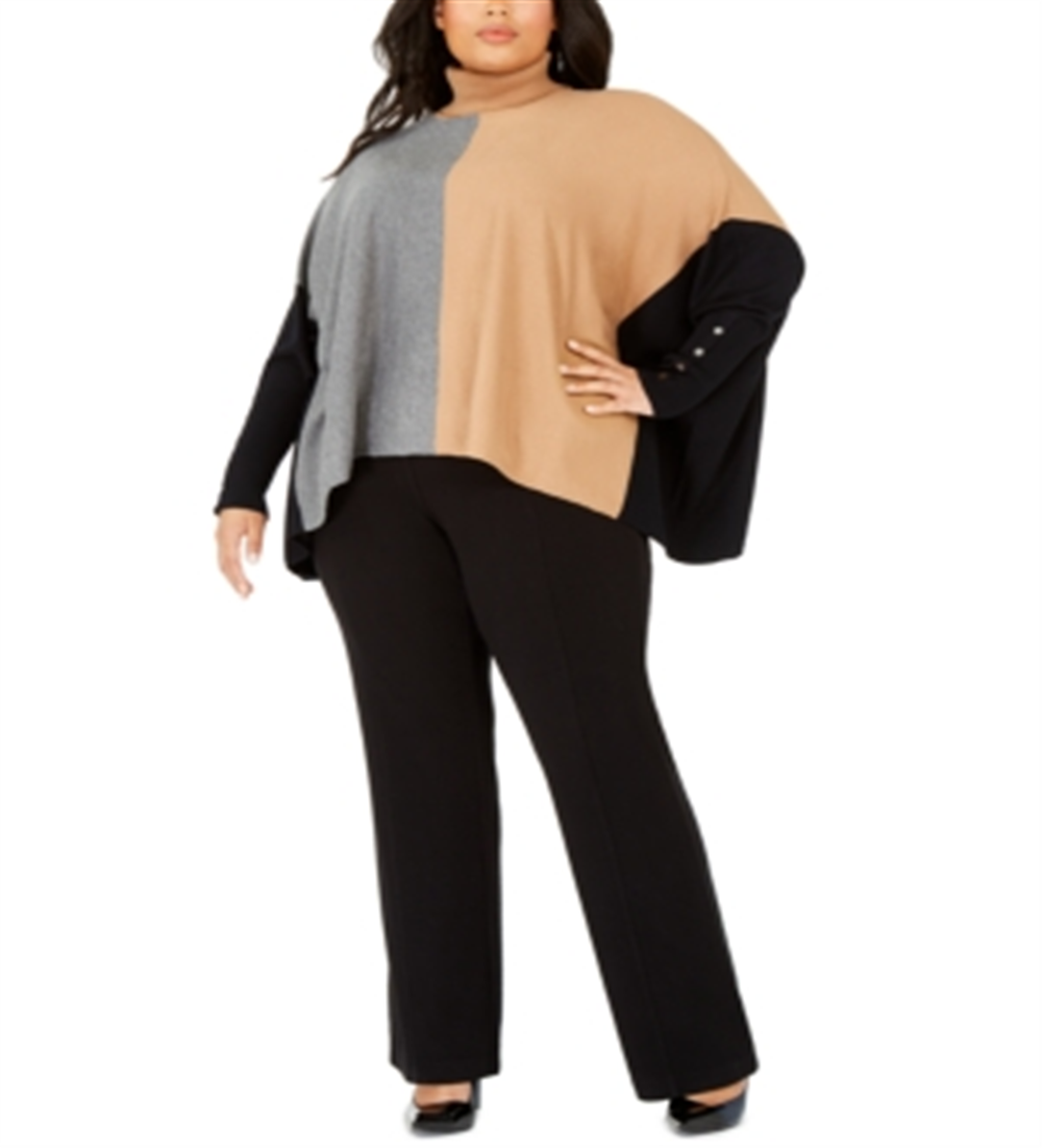 Alfani Women's Turtleneck Colorblock Poncho Sweater Brown Size 3X