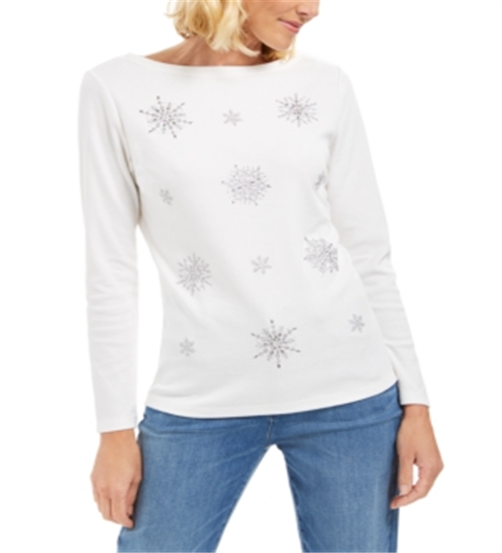 Karen Scott Women's Embellished Snowflake Top  Winter White  Size M