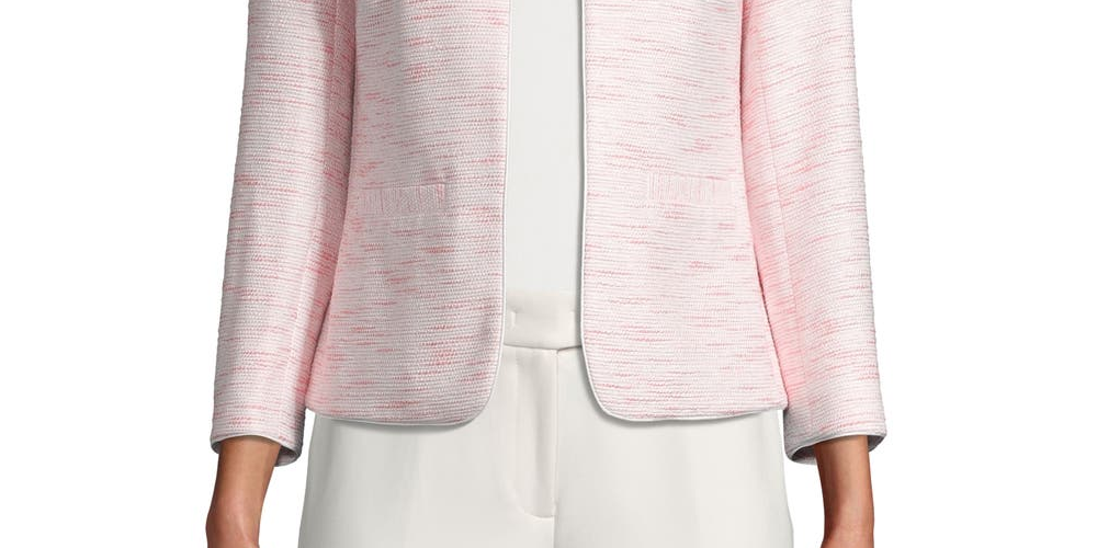 Anne Klein Women's Tweed Open Front Collarless Blazer Pink Size 4