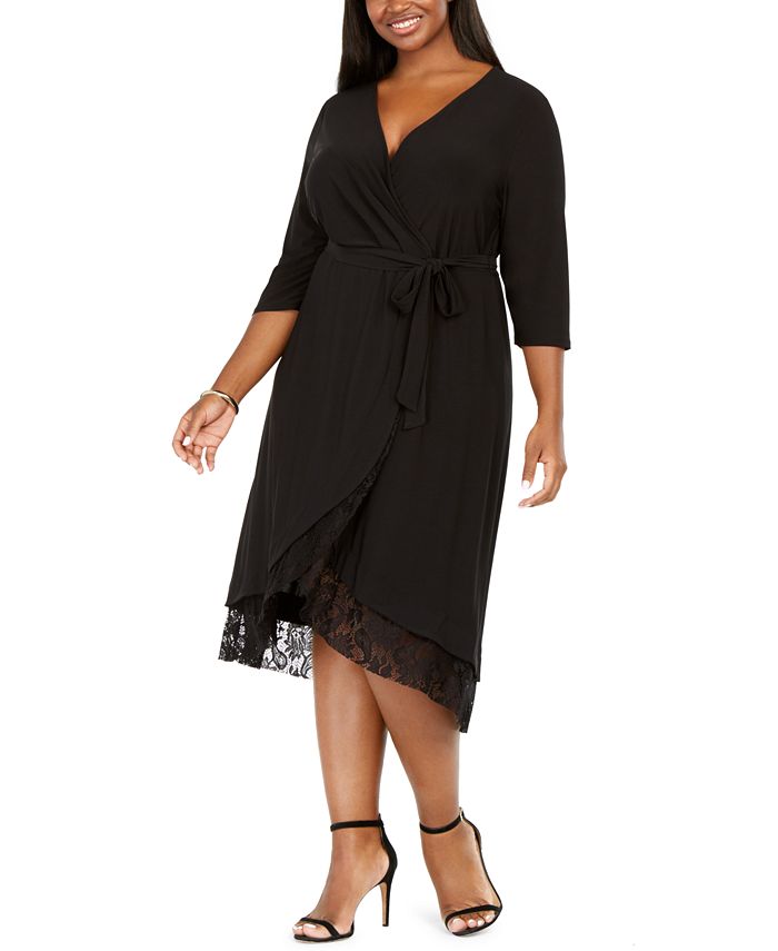 Love Squared Women's Plus Wrap Lace Trim Cocktail Dress Black Size 2XL
