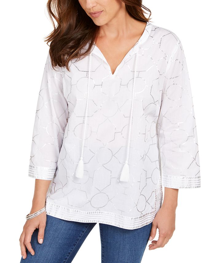 Charter Club Women's Foil Print Linen Top White Size L