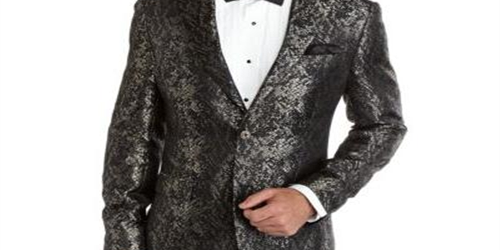 Mens Suit Jacket Jacquard Slim-Fit Two-Button Black  46