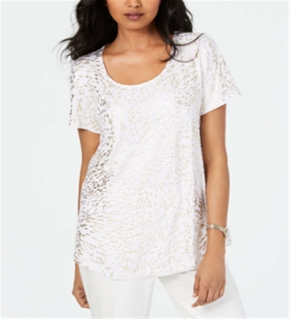 JM Collection Women's Metallic Print Shirttail Hem Top White Size Petite S