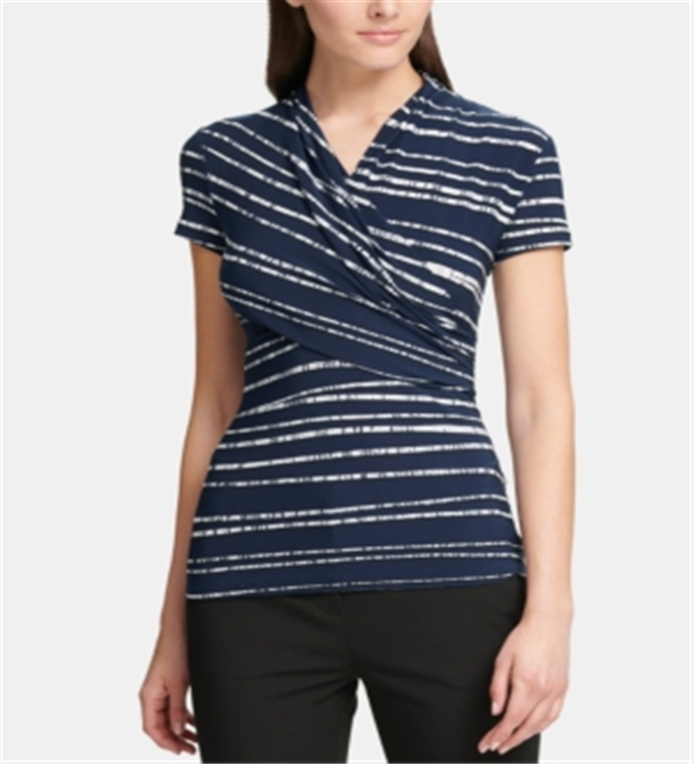 DKNY Women's Ruched Front Striped Short Sleeve Jewel Neck Top Blue Size Medium