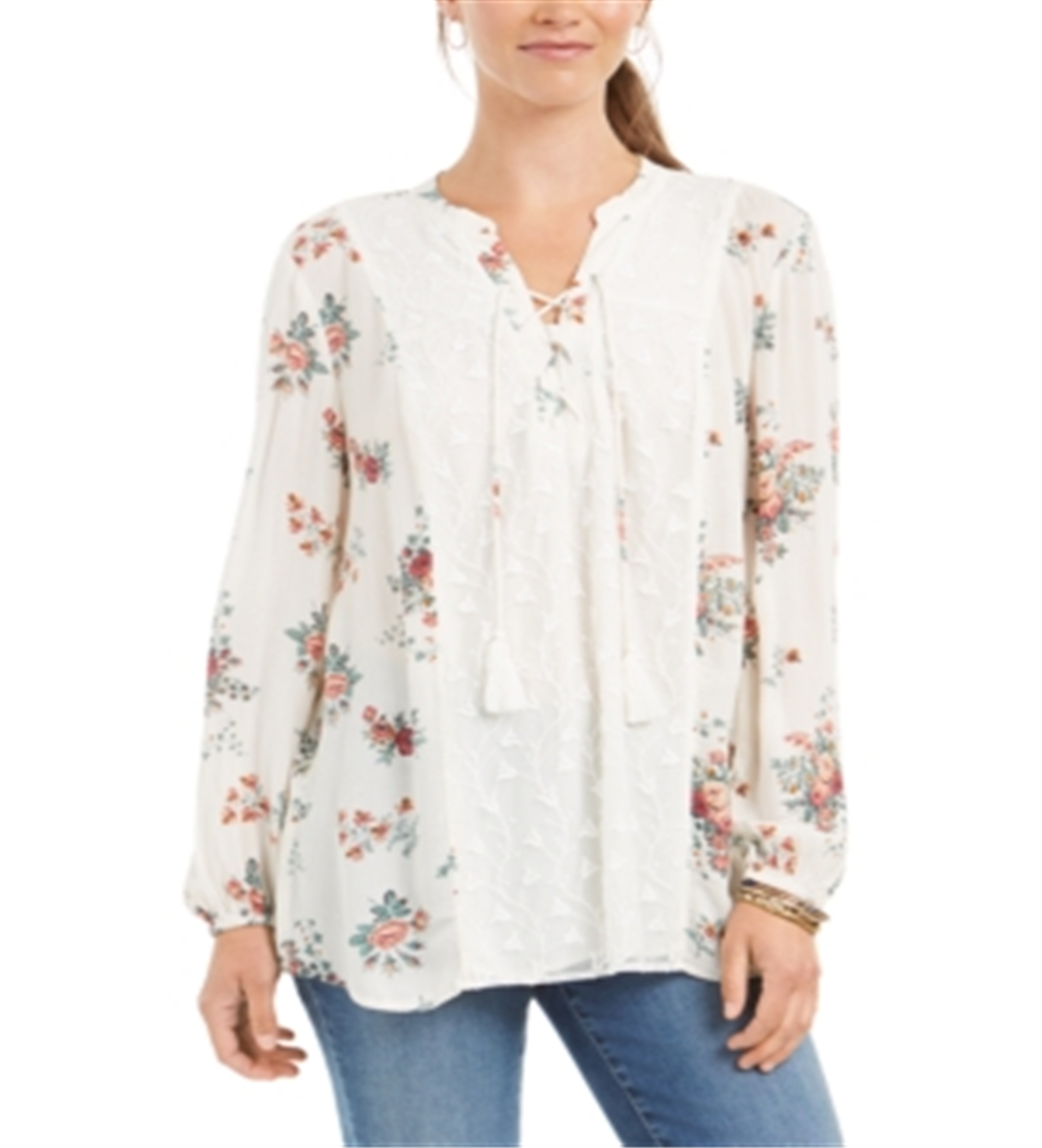 Style & Co Women's Floral Lace up Top White Size Large