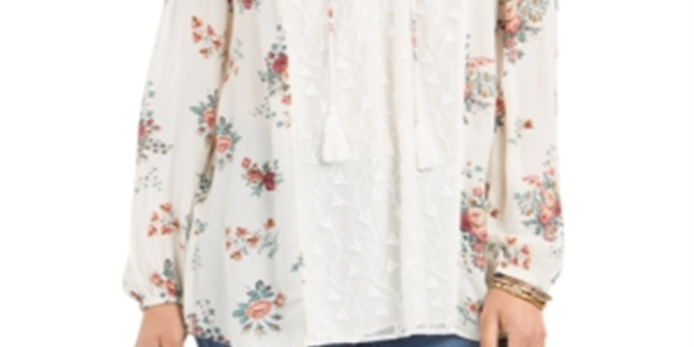 Style & Co Women's Floral Lace up Top White Size Large