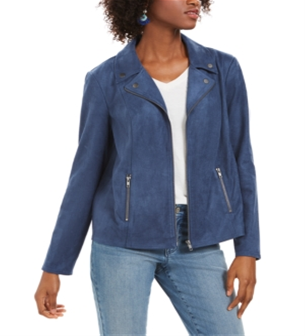 Style & Co Women's Faux Suede Moto Jacket Blue Size X-Small