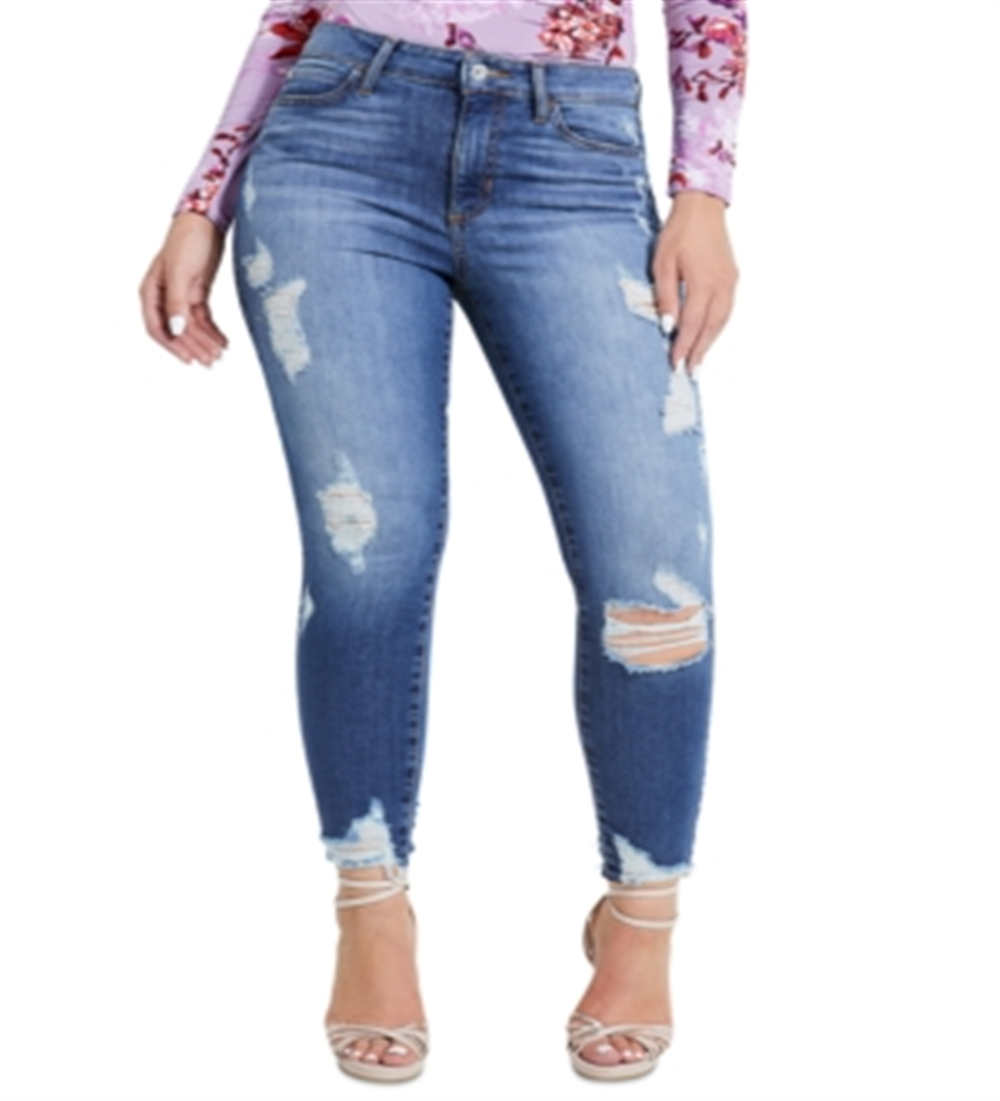 Women's Guess 1981 Destroyed Hem Ankle Skinny Jeans Blue Size 31