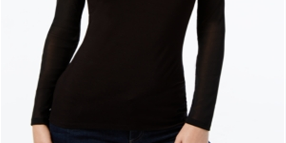 INC International Concepts Women's Mock Turtleneck Mesh Inset Fitted Top Black Size Large
