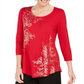 JM Collection Women's Printed Scoop Neck Top Red Size -Petite S