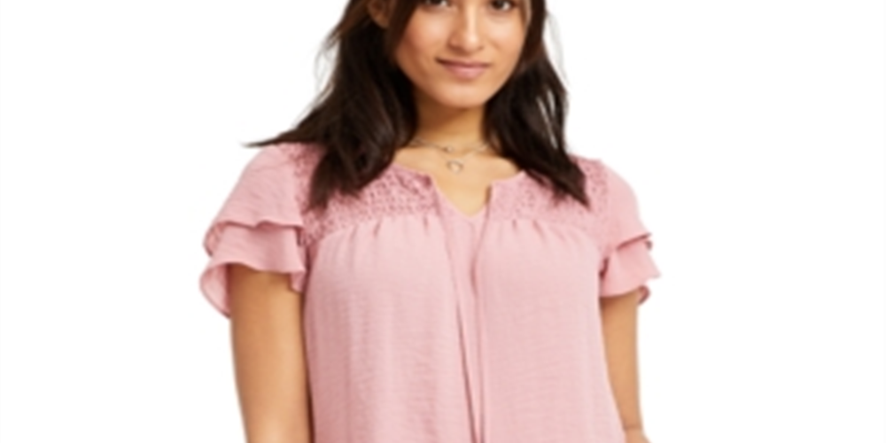 Style & Co Women's Smocked Flutter Sleeve Top Pink Size Large