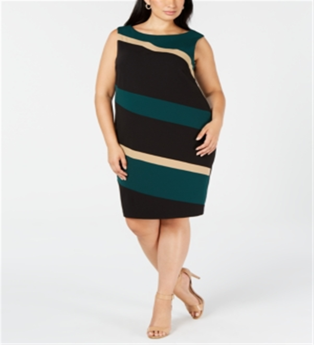 Connected Women's Color Block Sleeveless Jewel Neck Knee Length Sheath Wear to Work Dress Green Size 24W