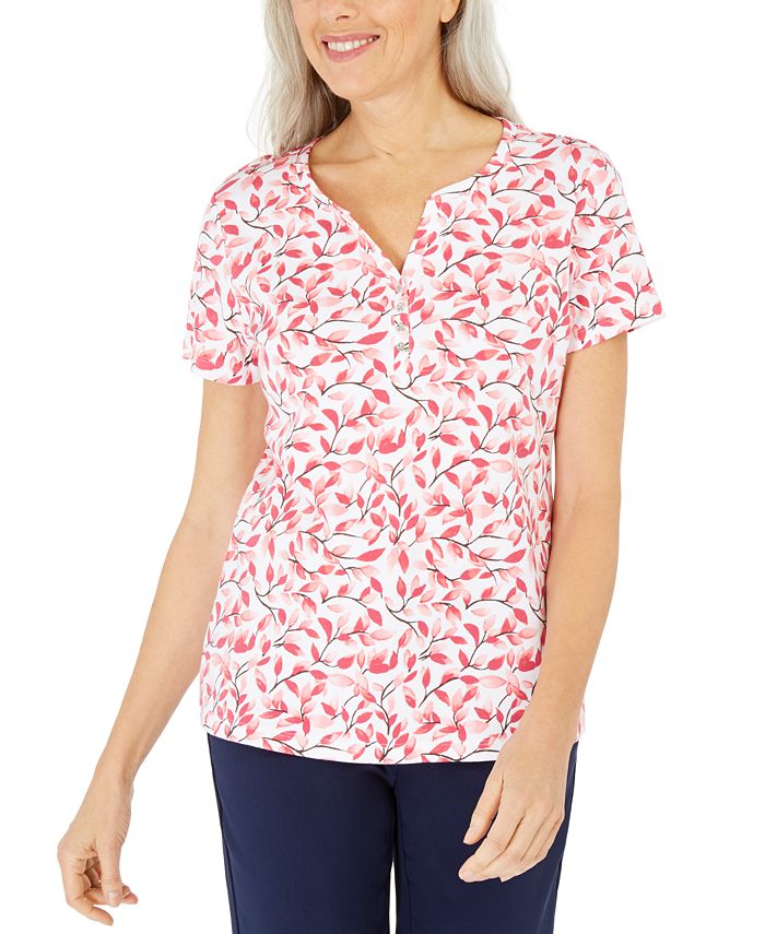 Karen Scott Women's  Printed Henley Top Orange Size XS