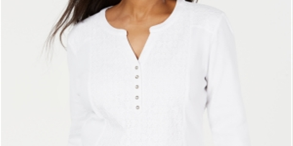 Karen Scott Women's Eyelet Front Cotton Henley Top White Size Petite S/M
