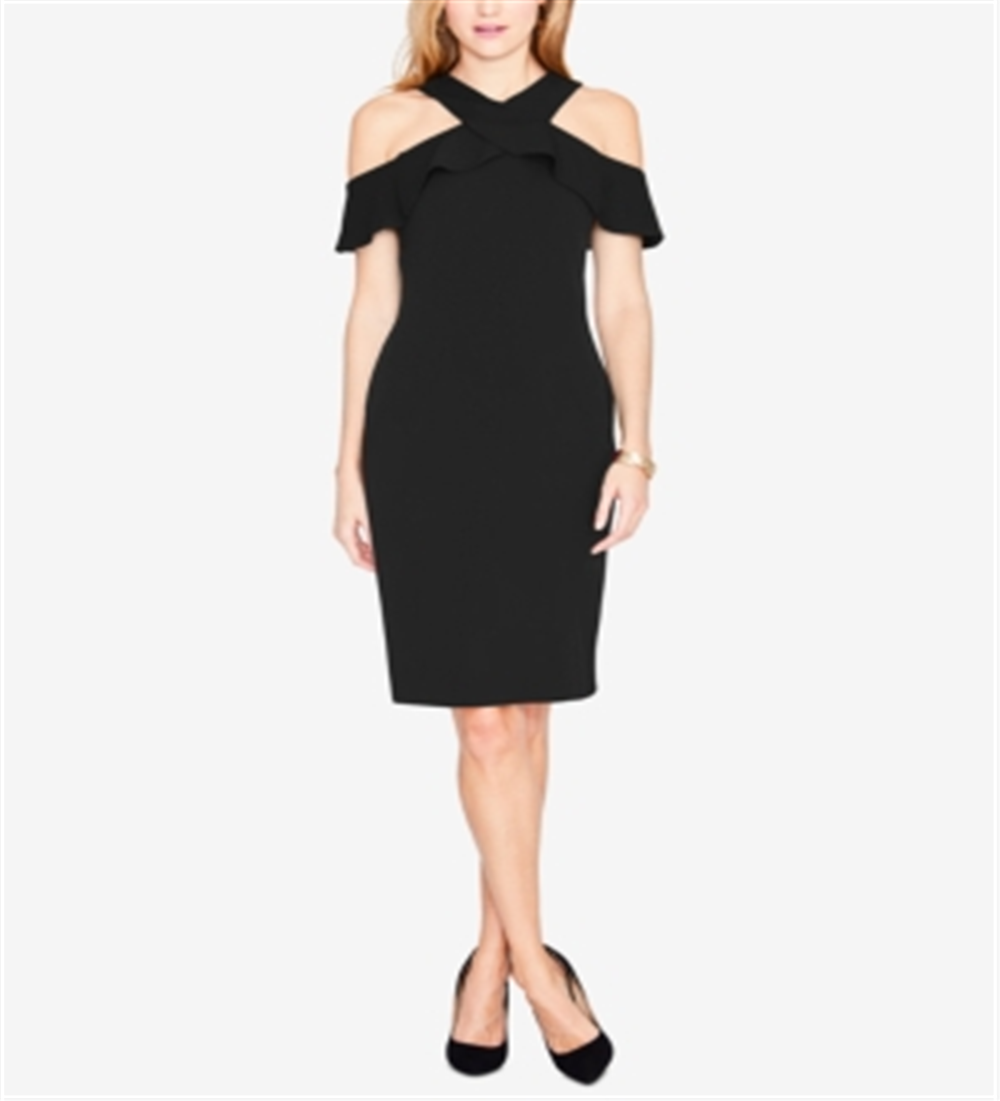 Rachel Roy Women's Ruffled Cold Shoulder Halter Below the Knee Evening Sheath Dress Black Size Small
