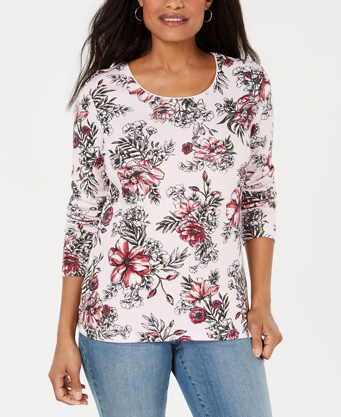 Karen Scott Women's Scoop Neck Printed Top White Size Large
