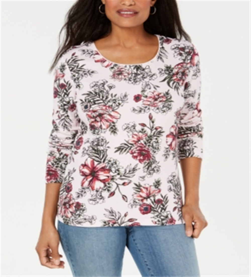 Karen Scott Women's Scoop Neck Printed Top White Size Large