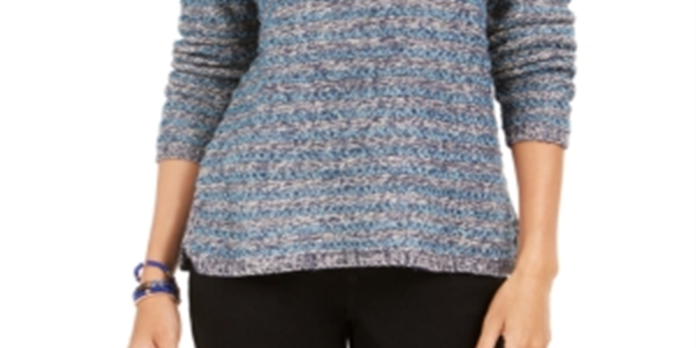 Style & Co wOMEN'S Petite Striped Metallic-Threaded Sweater Blue Size Petite S