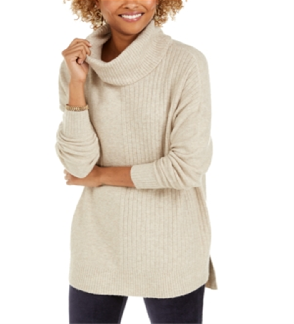 Style & Co Women's Mixed Stitch Ribbed Turtleneck Tunic Sweater Brown Size X-Small