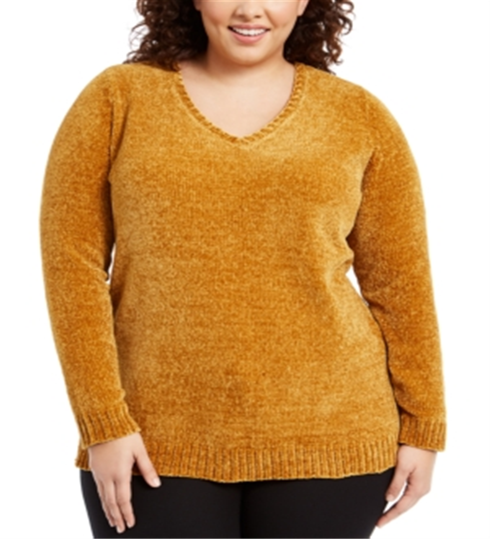 Karen Scott Women's Plus V Neck Chenille Sweater Brown Size2X