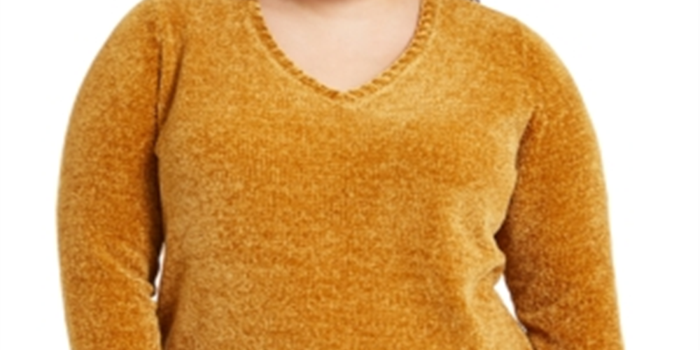 Karen Scott Women's Plus V Neck Chenille Sweater Brown Size2X