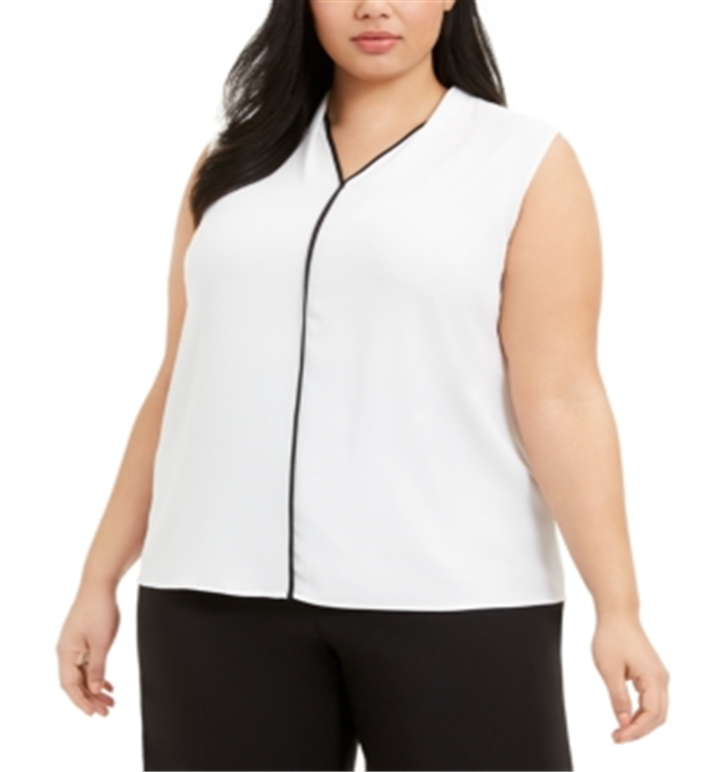 Calvin Klein Women's Plus Contrast Trim Blouse White Size 2X