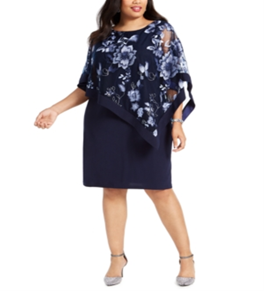 R & M Richards Women's Floral Sleeveless Jewel Neck Knee Length Sheath Cocktail Dress Blue Size 14W