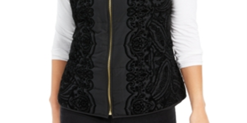 Charter Club Women's Velvet Flocked Puffer Vest Black Size Petite S