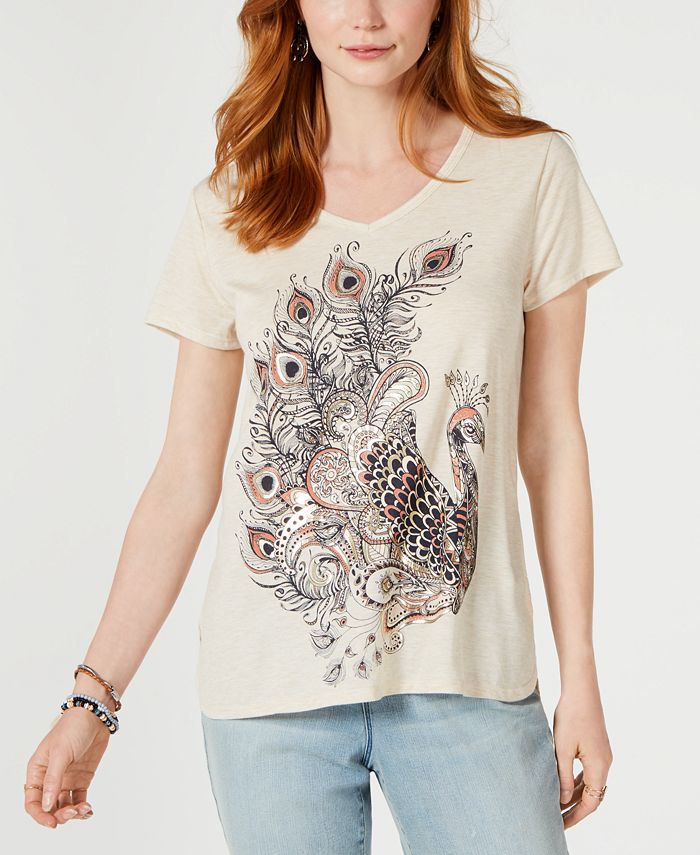 Style & Co Women's Graphic Step Hem Top Beige Size XXL