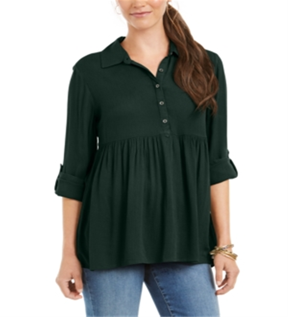 Style & Co Women's Roll Sleeve Oversized Shirt Green Size Small
