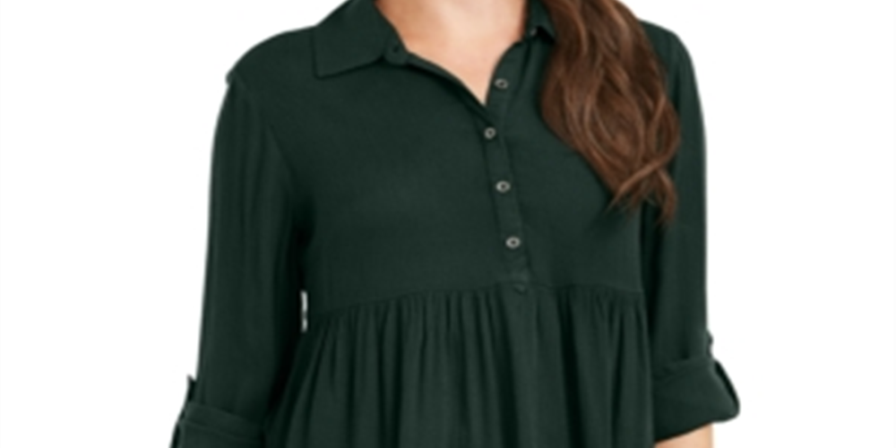 Style & Co Women's Roll Sleeve Oversized Shirt Green Size Small