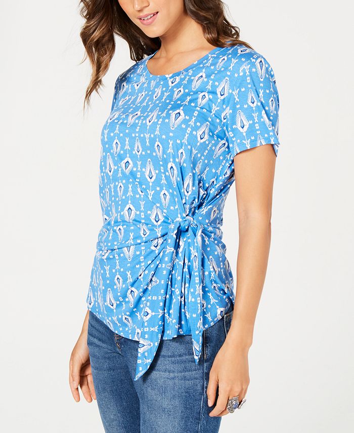 Style & Co Women's Printed Tie Front Top Blue Size Petite XL