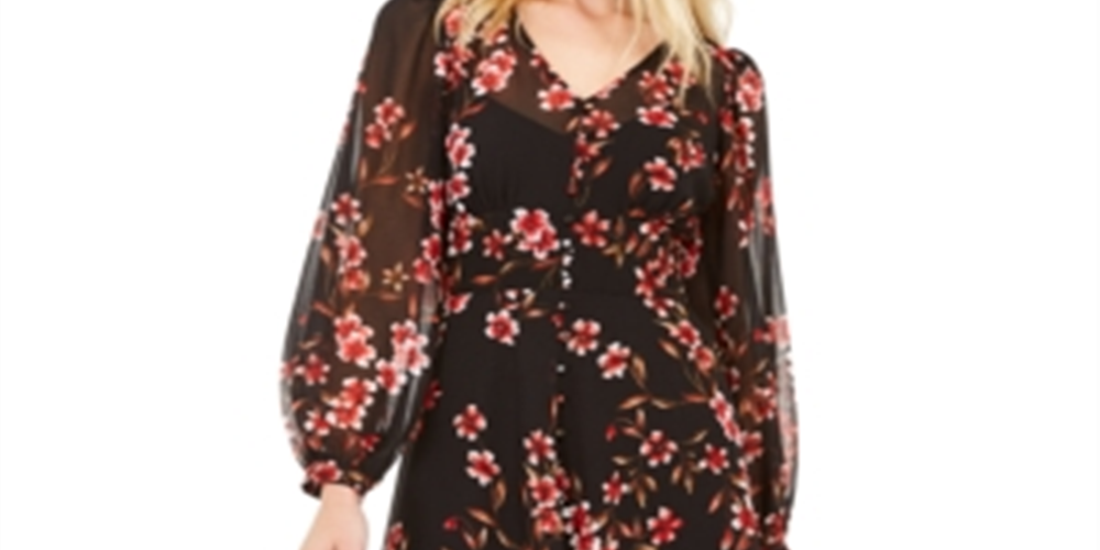 Calvin Klein Women's Floral Chiffon V Neck 3/4 Sleeve Fit Flare Dress Black Size 12