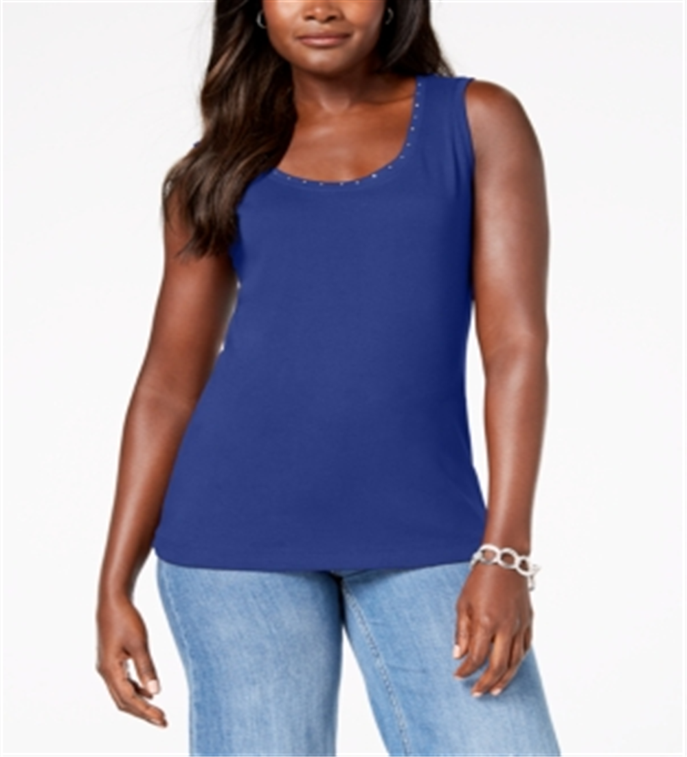Karen Scott Women's Cotton Studded Tank Blue Size Petite Medium